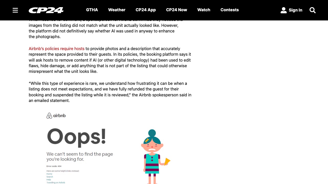 CP24 news article on the Toronto Airbnb case, showing Airbnb's spokesperson statement that the platform fully refunded the guest and suspended the listing while it is reviewed
