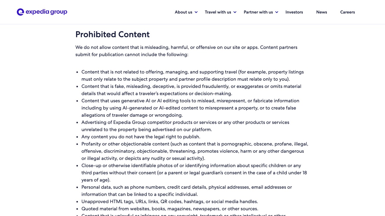 Expedia Group's Partner Provided Content Policy page showing the Prohibited Content section, with the bullet naming content that uses generative AI or AI editing tools to mislead, misrepresent, or fabricate information