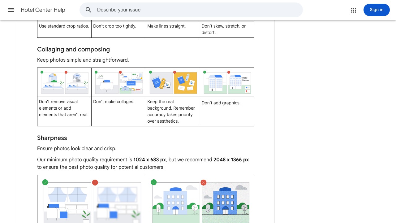 Google Hotel Center's visual "collaging and composing" guide showing the do/don't examples, including "Don't remove visual elements or add elements that aren't real" and "accuracy takes priority over aesthetics"