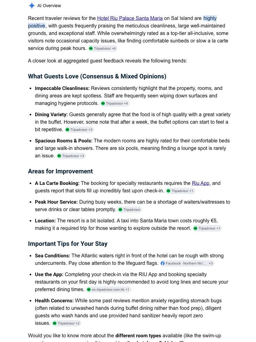 Google AI Overview search result for the same investigated resort, captured three weeks after the original story, showing the illness-related content reframed as a minor hygiene note