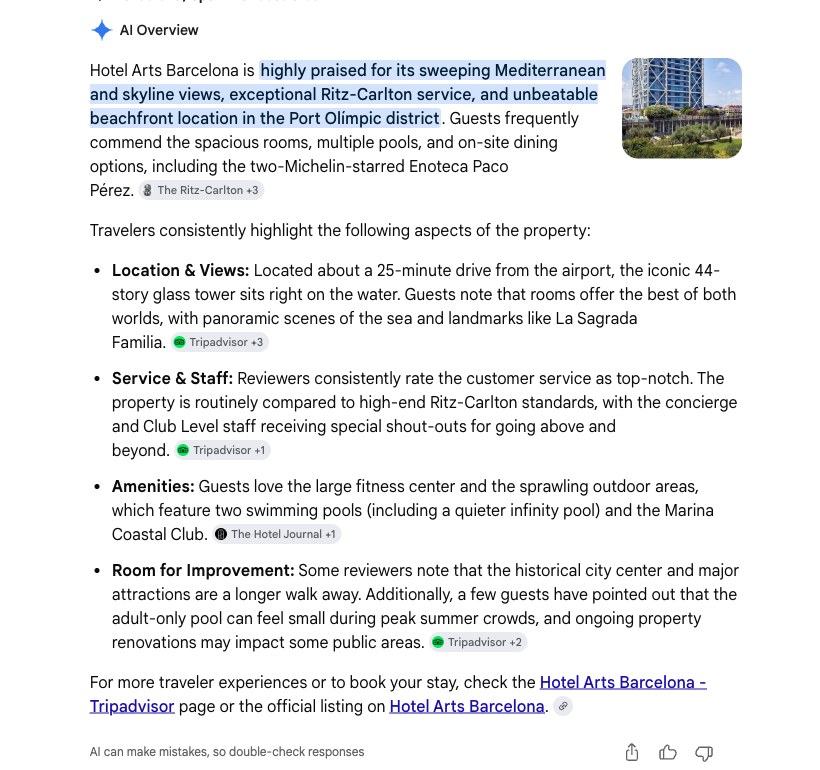 Google AI Overview search result for Hotel Arts Barcelona, showing a balanced summary with praise plus a "Room for Improvement" section naming specific guest complaints