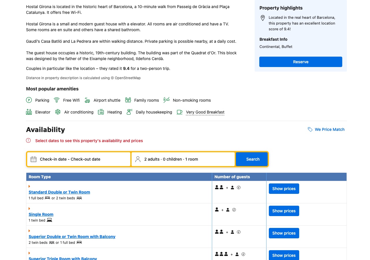 Booking listing for Hostal Girona Barcelona availability section showing standardized room-name selections from Booking's controlled vocabulary; consistent bed configurations and capacity attributes per room