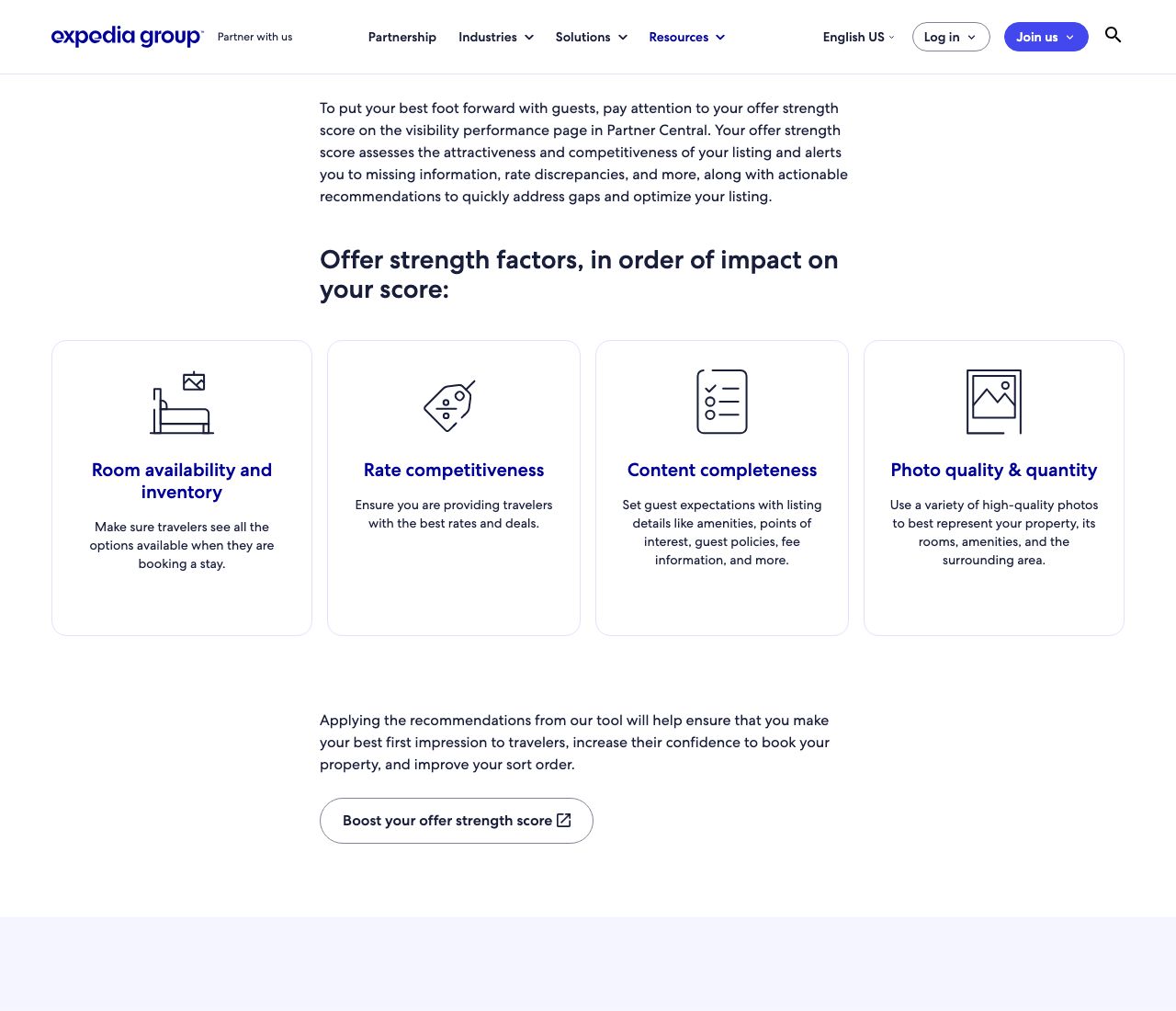 Expedia "Decoding our algorithm" page. Offer Strength factors in order of impact: Room availability and inventory, Rate competitiveness, Content completeness, Photo quality and quantity