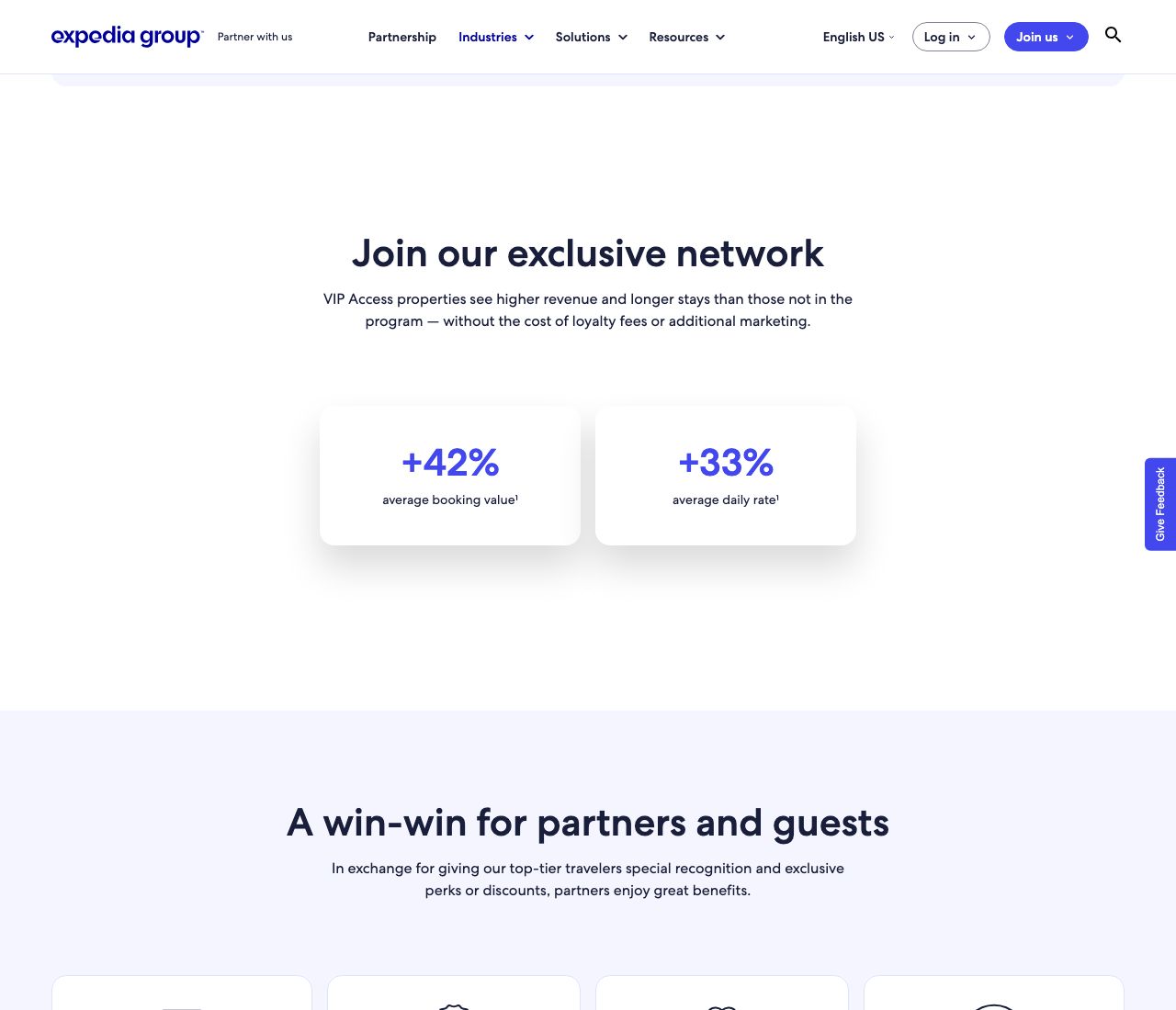 Expedia VIP Access stats panel: +42% average booking value and +33% average daily rate (Expedia internal data)