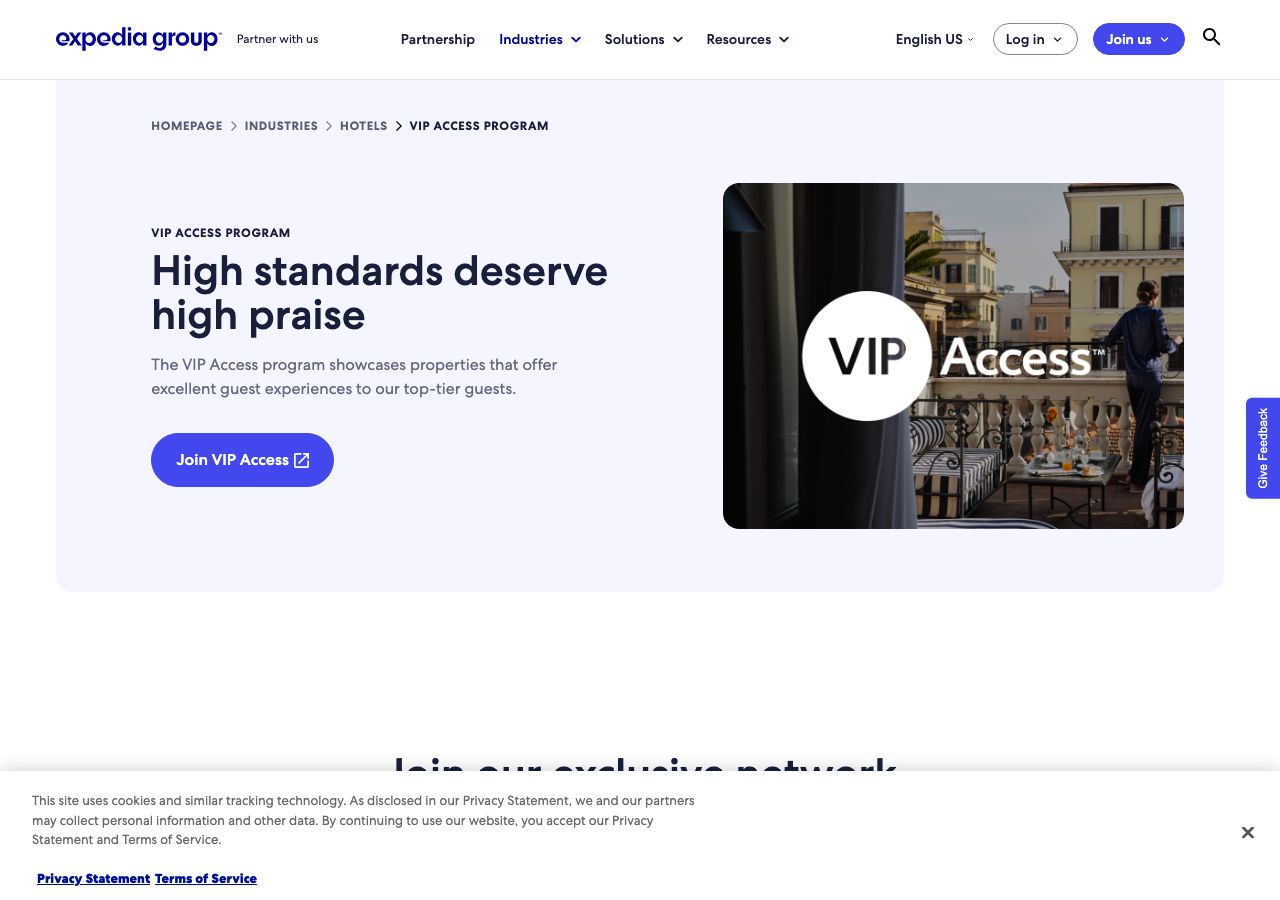 Expedia Partner Central VIP Access program page hero. Program admits properties offering "excellent guest experiences"; image shows a guest on a balcony with the VIP Access badge overlaid