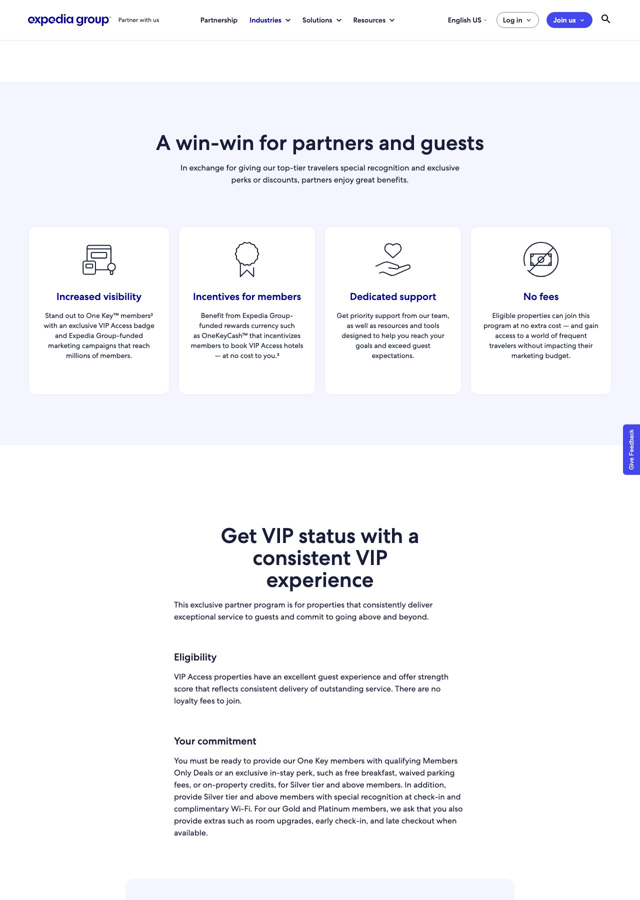 Expedia VIP Access "Win-win" panel (Increased visibility, Incentives for members, Dedicated support, No fees) plus Eligibility and Your commitment text (Silver-plus perk requirements verbatim from Expedia: free breakfast, waived parking, on-property credits, complimentary Wi-Fi, special recognition at check-in; Gold/Platinum extras when available)