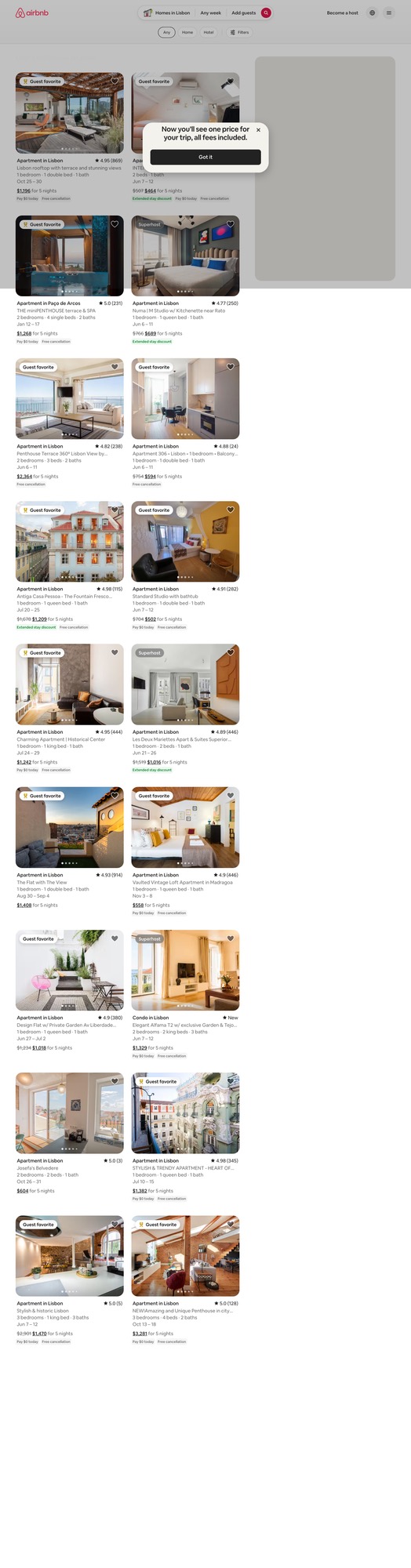 Airbnb search results for Lisbon showing a grid of listings where most carry Guest favorite and Superhost badges, with a single listing tagged New among them
