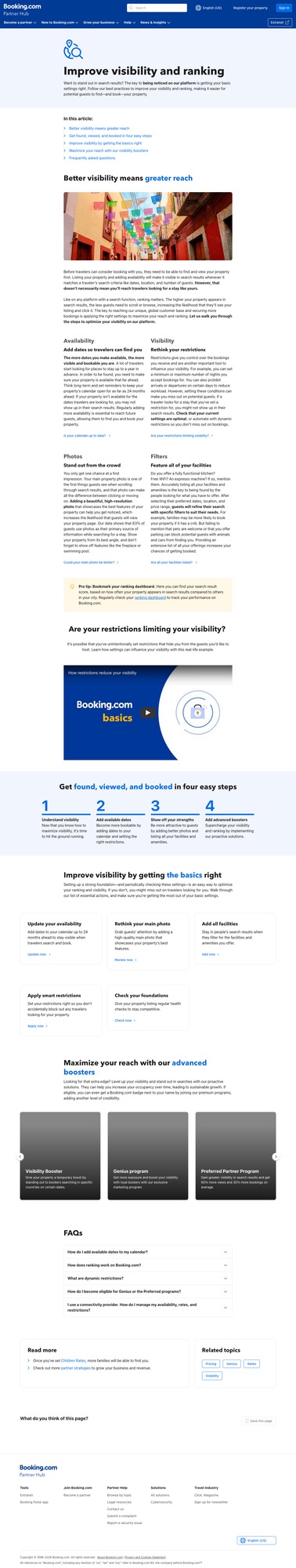 Booking.com Partner Hub Improve visibility and ranking page showing the four-step visibility path and the advanced boosters row listing Visibility Booster, Genius, and Preferred Partner Program