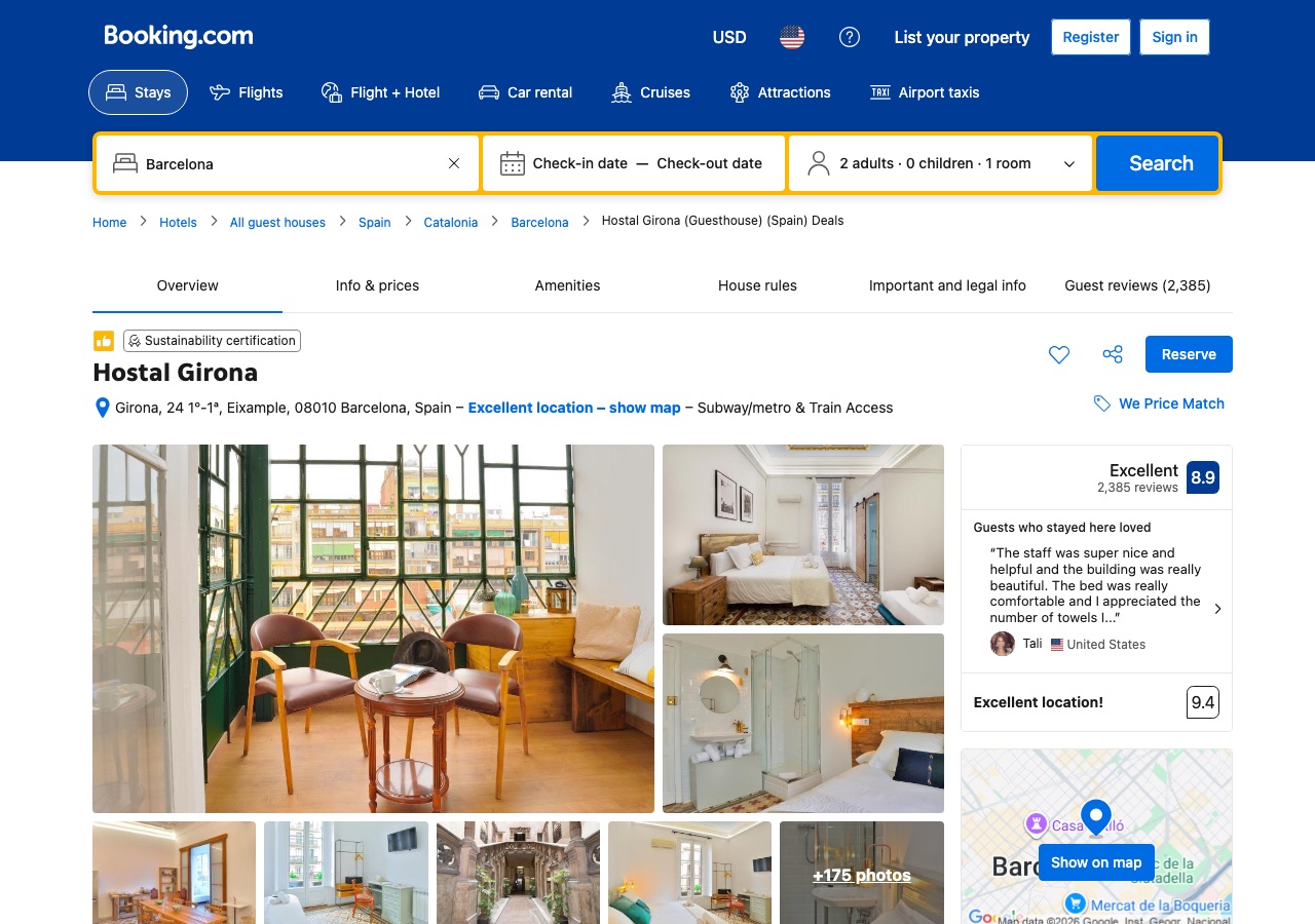 Booking listing for Hostal Girona Barcelona showing 175+ photos, 8 facility category breakouts, all subscores in healthy range as a content-completeness signal that supports the property page score